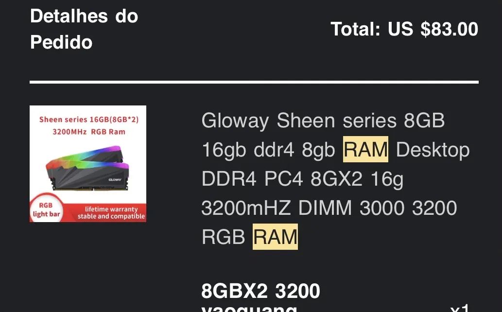 Memória ram 16 gb ( 2x 8gb) Gloway 3200hz