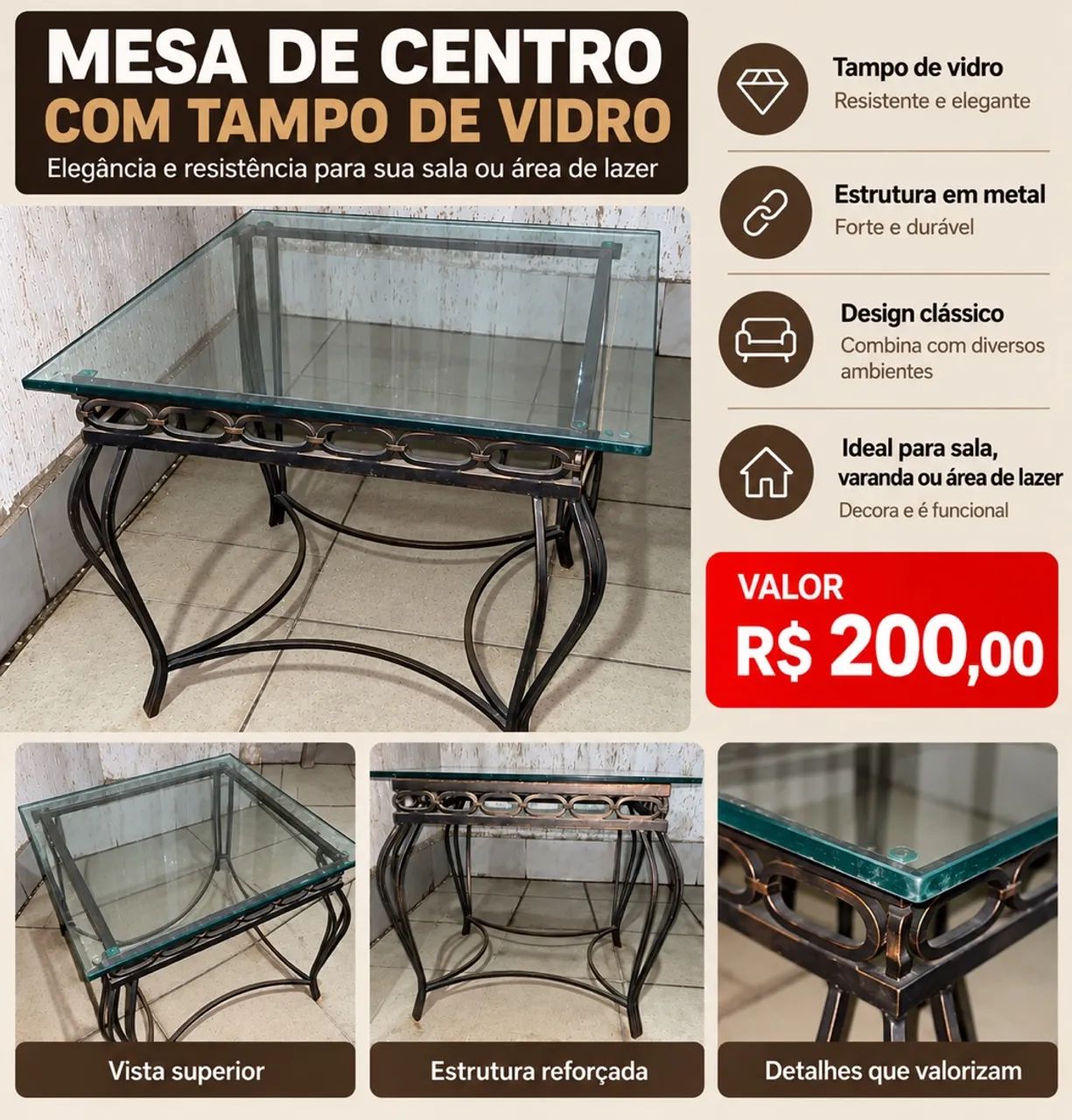Mesa de centro com Tampo de vidro
