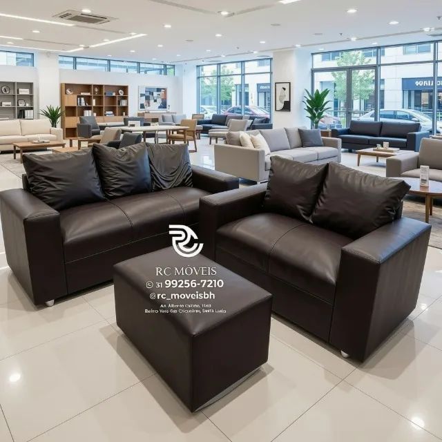 Conjunto Sofá 3 e 2 Lugares Puff Courino Marrom Claro D33 Aconchegante