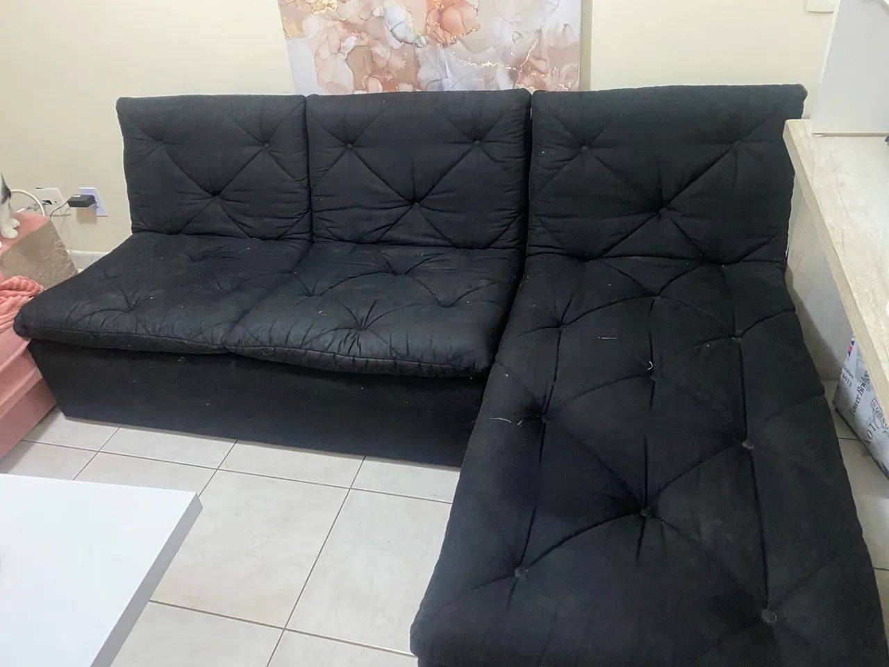 Sofá Preto Tecido com Chaise modular 