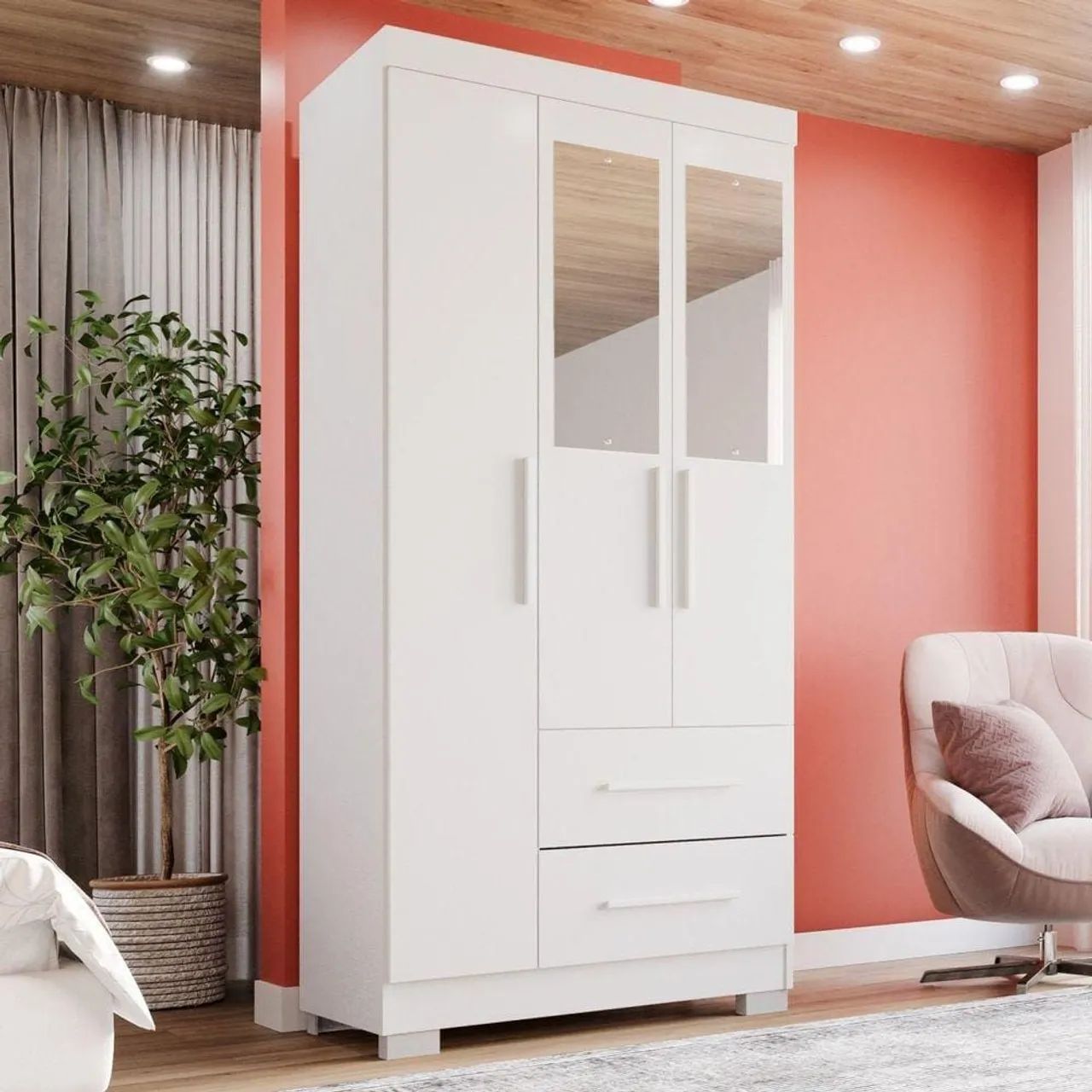 Guarda-roupa Solteiro 3 Portas com Espelho 2 Gavetas Estrela Premium 