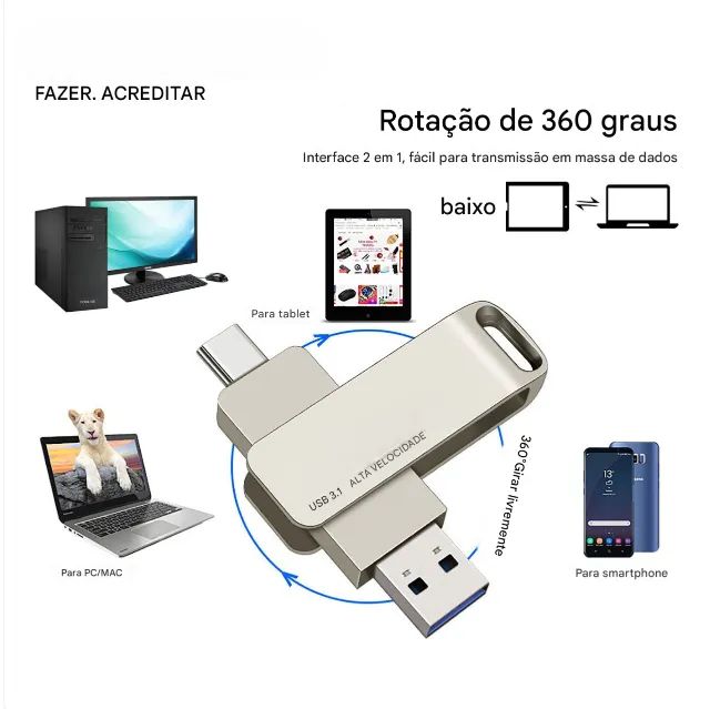 PENDRIVE METALIZADO 2 EM 1, TIPO A E C DE 2TB, INTERFACE USB 3.0 NA COR GRAFITE. - Foto 4