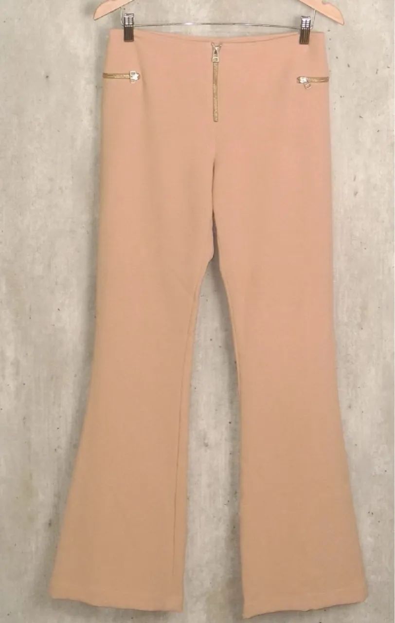 Calça Flare Nude Zíper Dourado