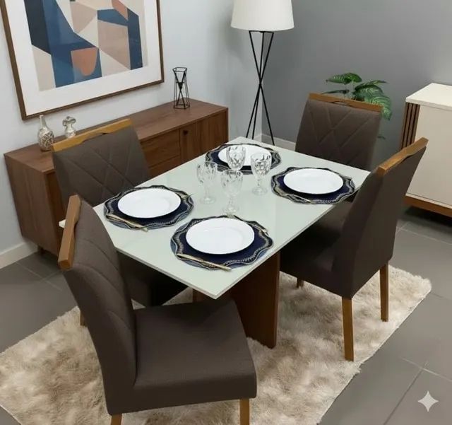 Mesa de jantar com tampo de vidro laqueado brisa marrom 