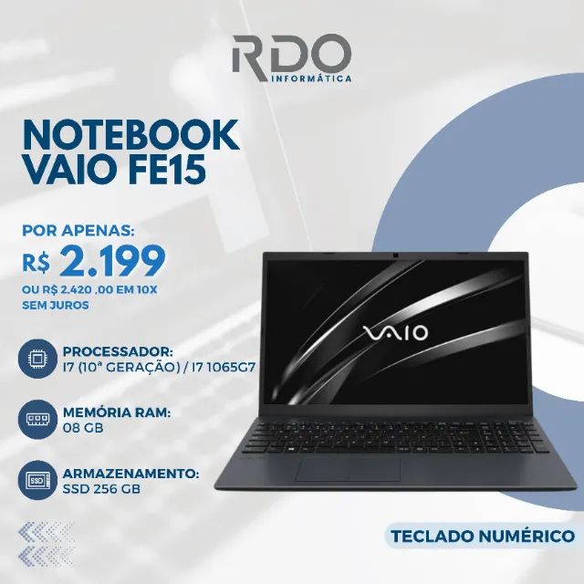 Notebook VAIO FE15 com processador Intel Core i7 de 10ª geração, 8GB de RAM e SSD de 256GB