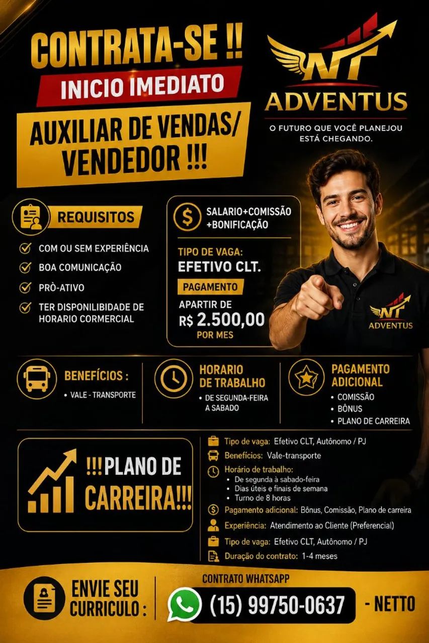 Vaga pra auxiliar de vendas e vendedor 