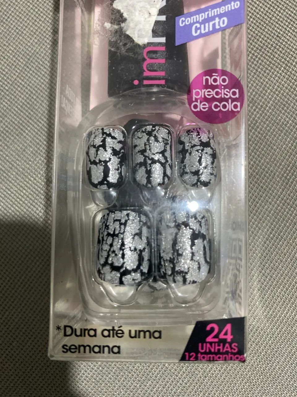Unhas postiças Impress Preto com prata Curta quadrada - Foto 2