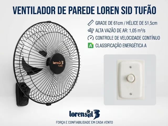 Ventilador de Parede Loren Sid Tufão 60cm Preto