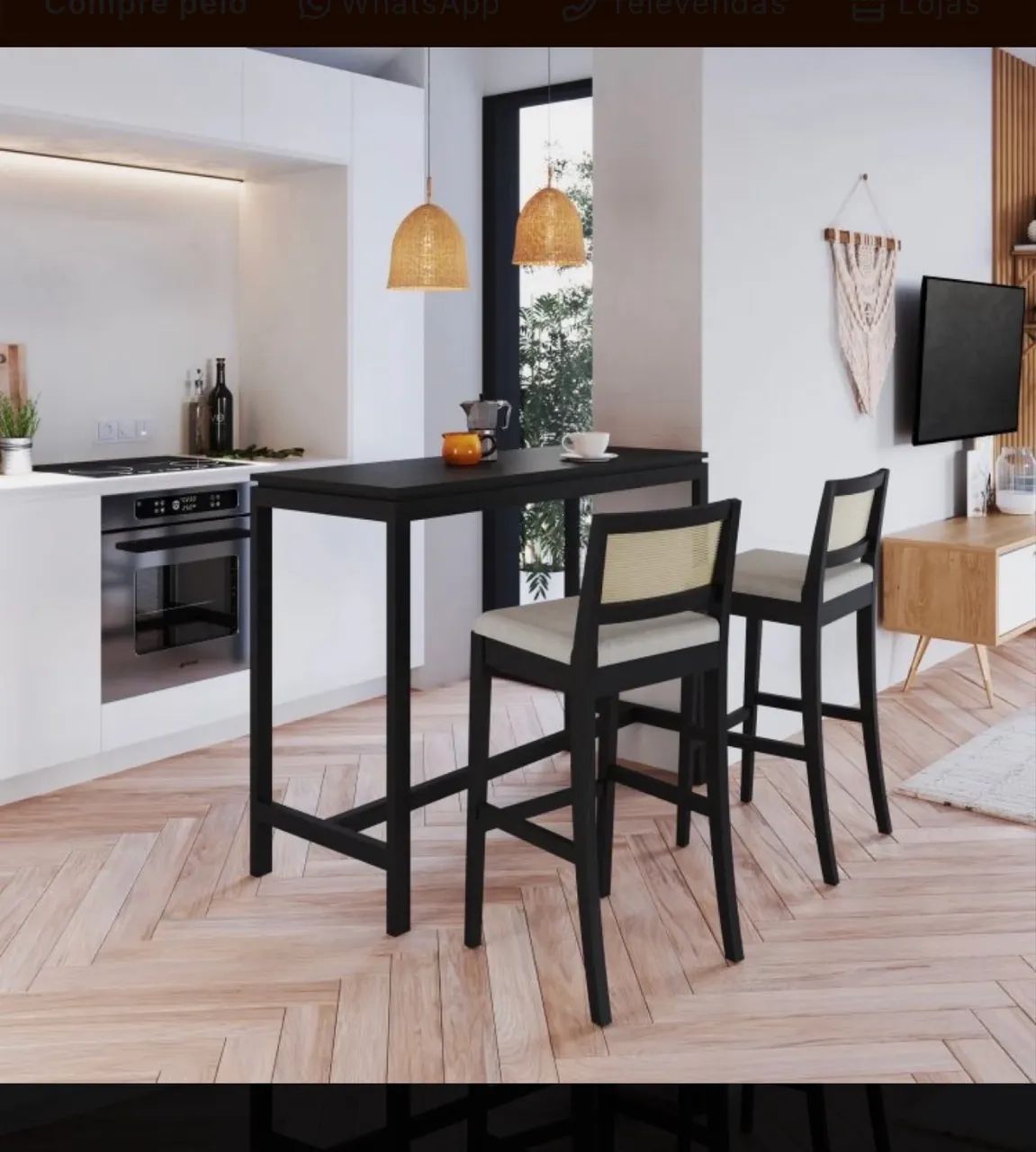 Conjunto - Mesa e banquetas de madeira maciça 