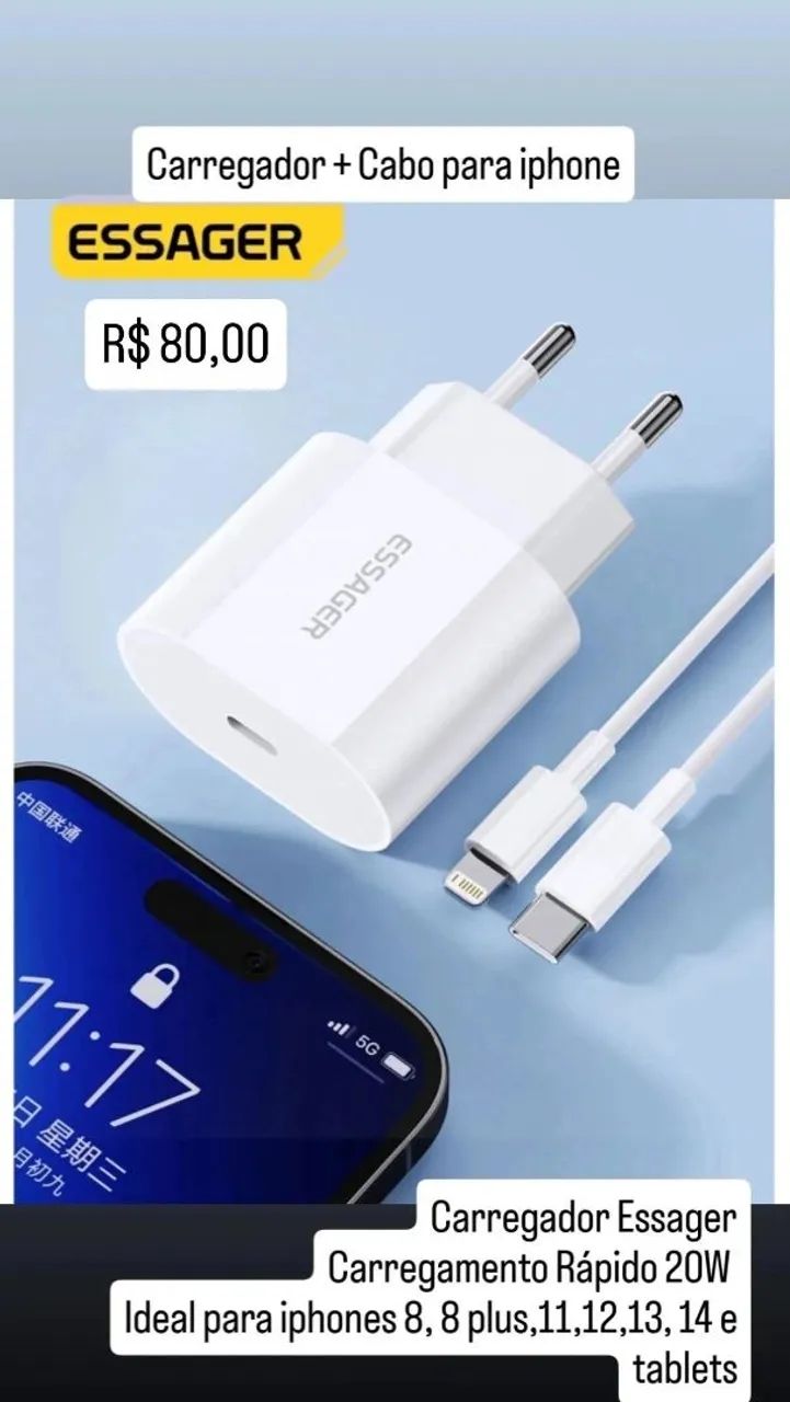 Carregador Essager 20W + cabo para iPhone