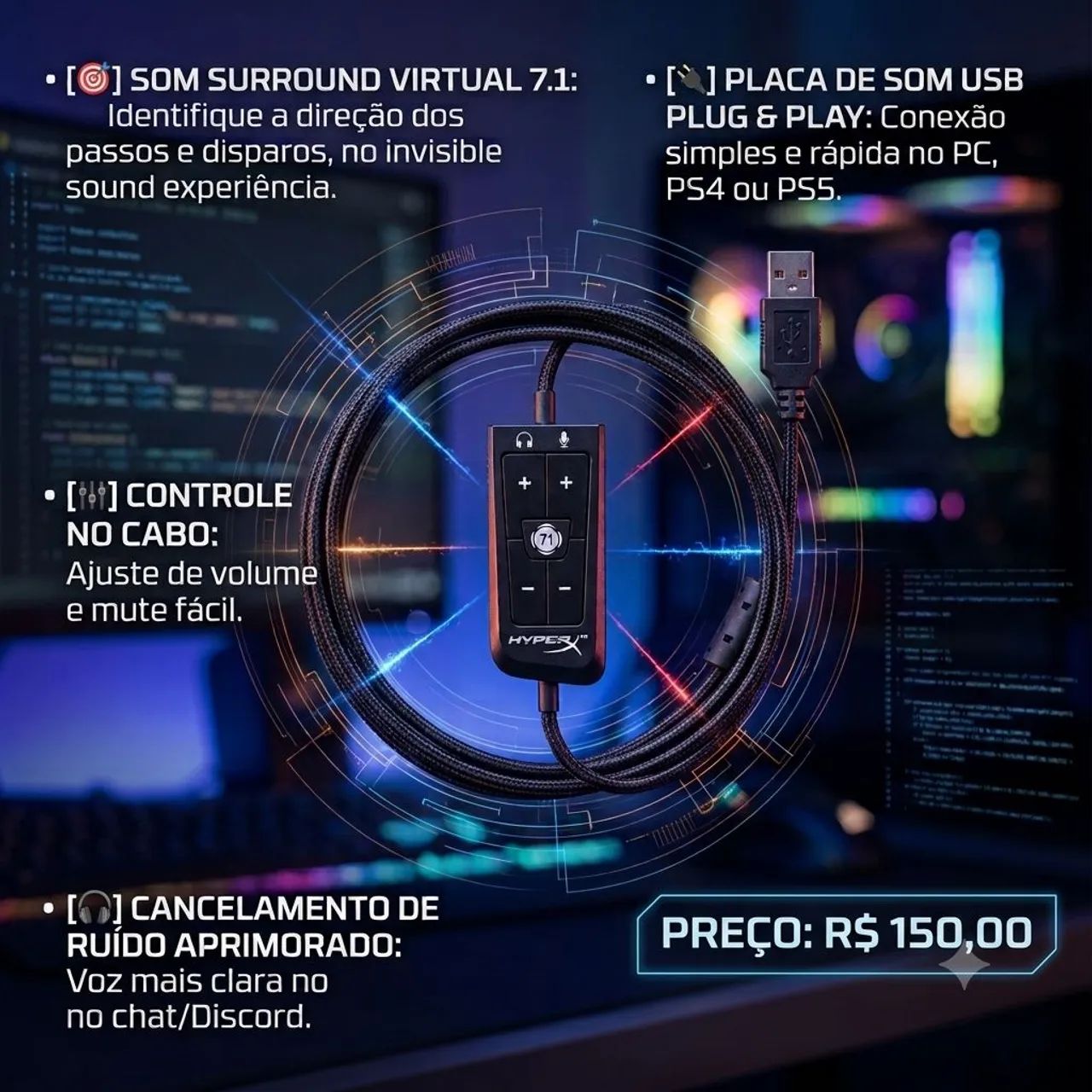 Placa áudio USB Hyperx 
