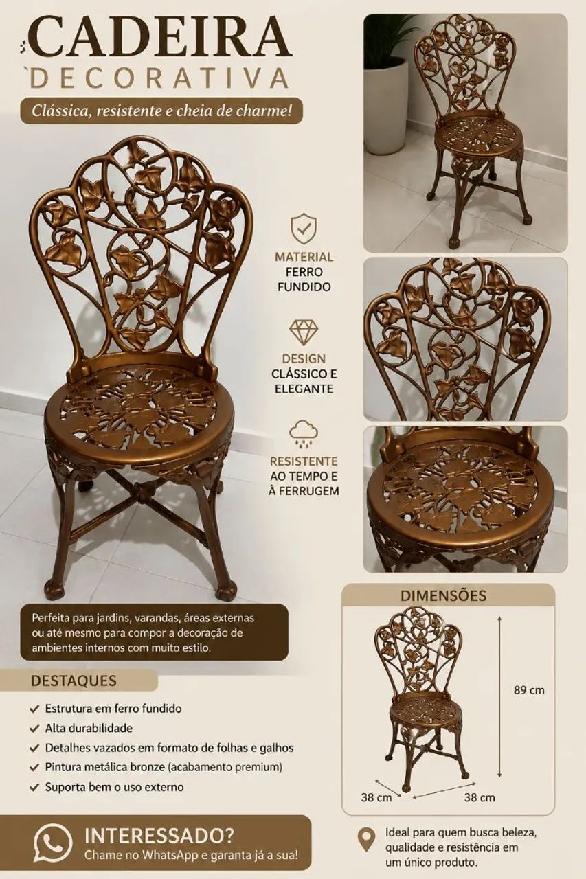 Cadeira Decorativa em Ferro Fundido - Acabamento Bronze