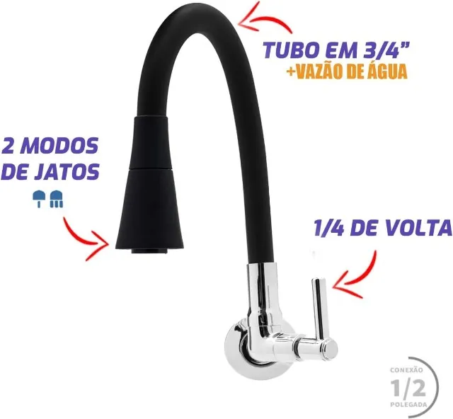 Torneira Gourmet Emborrachada Preta Cone Parede ou Pia