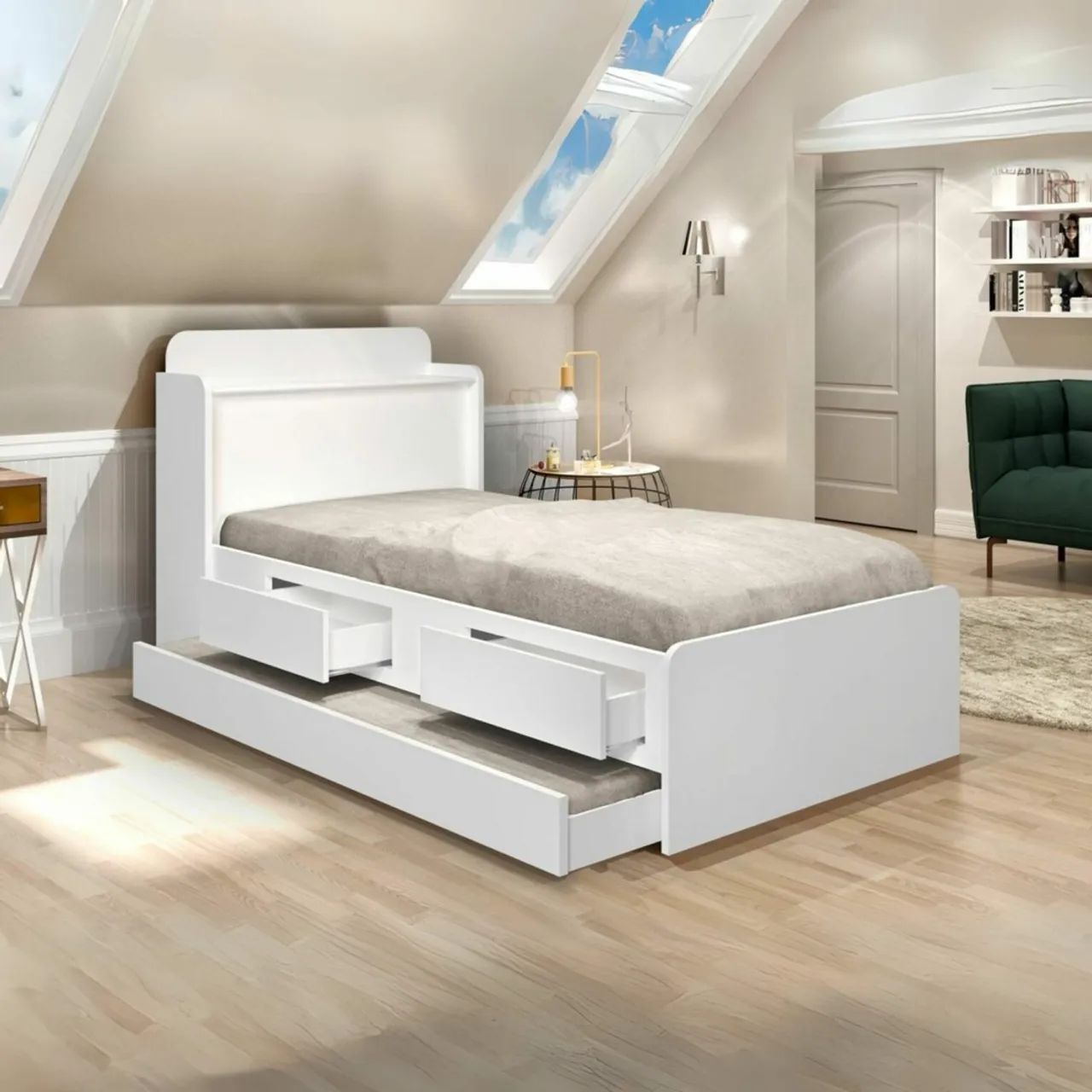 Cama Solteiro Baú  + Auxiliar Milly 100%MDF tt43
