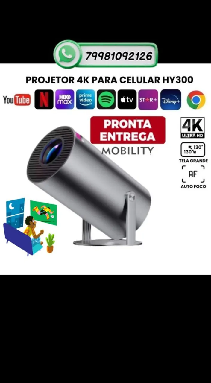 Projetor Portátil de imagem Android Full HD 1280P com Bluetooth e Wi-fi