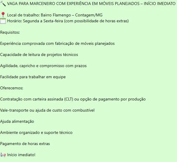 Vaga para merceneiro com experiência em móveis planejados