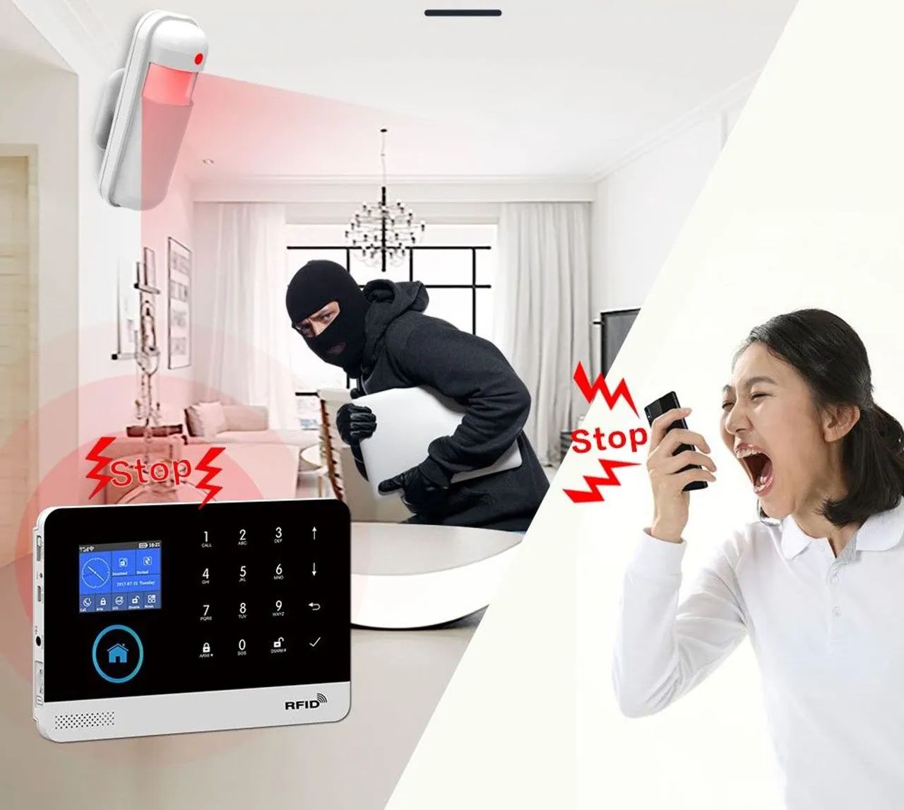 Alarme residencial com sensor de movimento e sirene envia sms