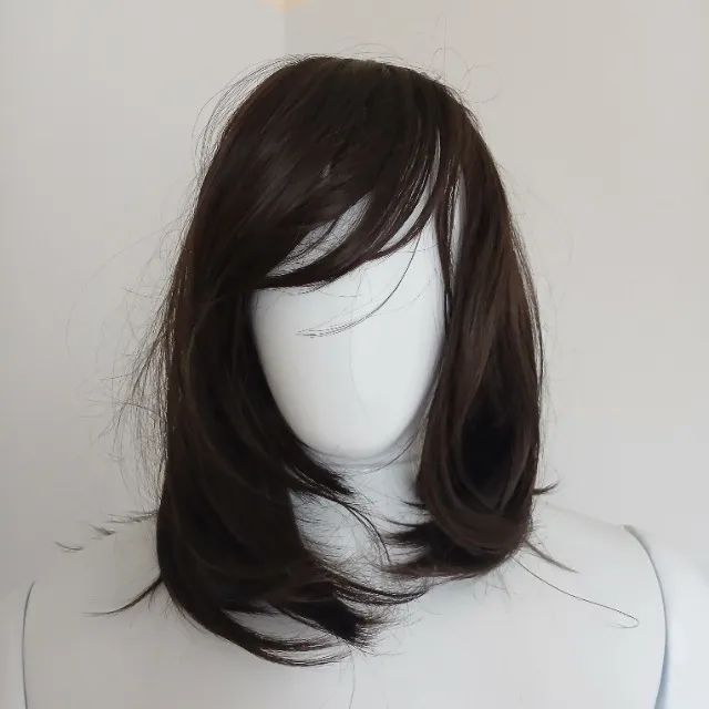 Peruca sintética cabelo castanho escuro com franja - Foto 4