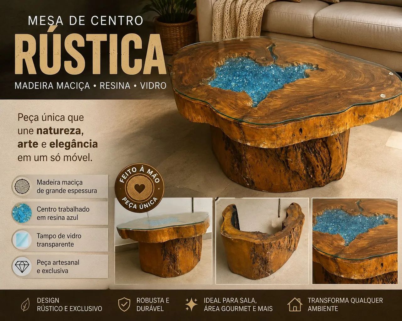 Mesa de centro rústica de alto padrão 
