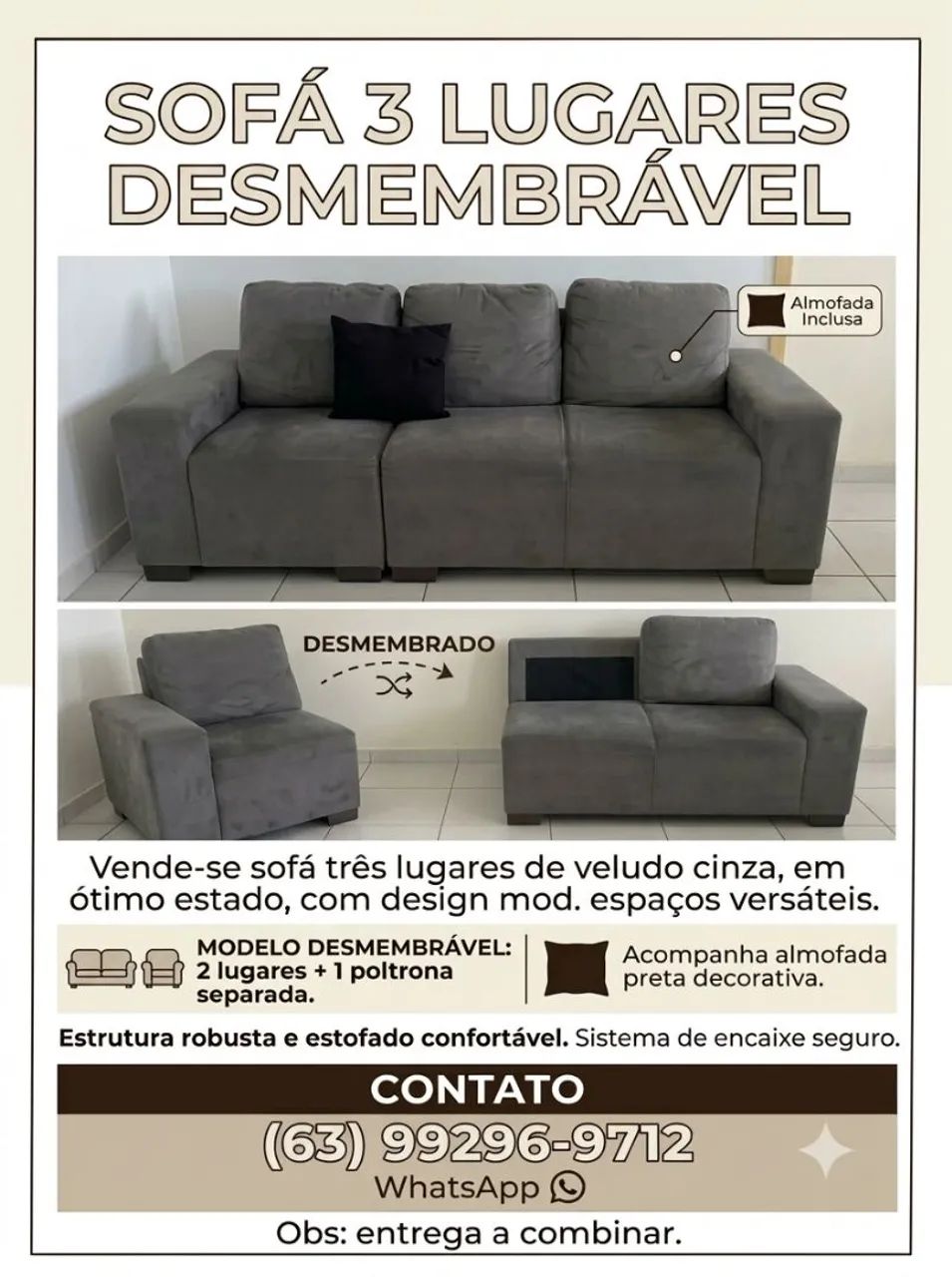 VENDO SOFÁ CINZA TRES LUGARES 