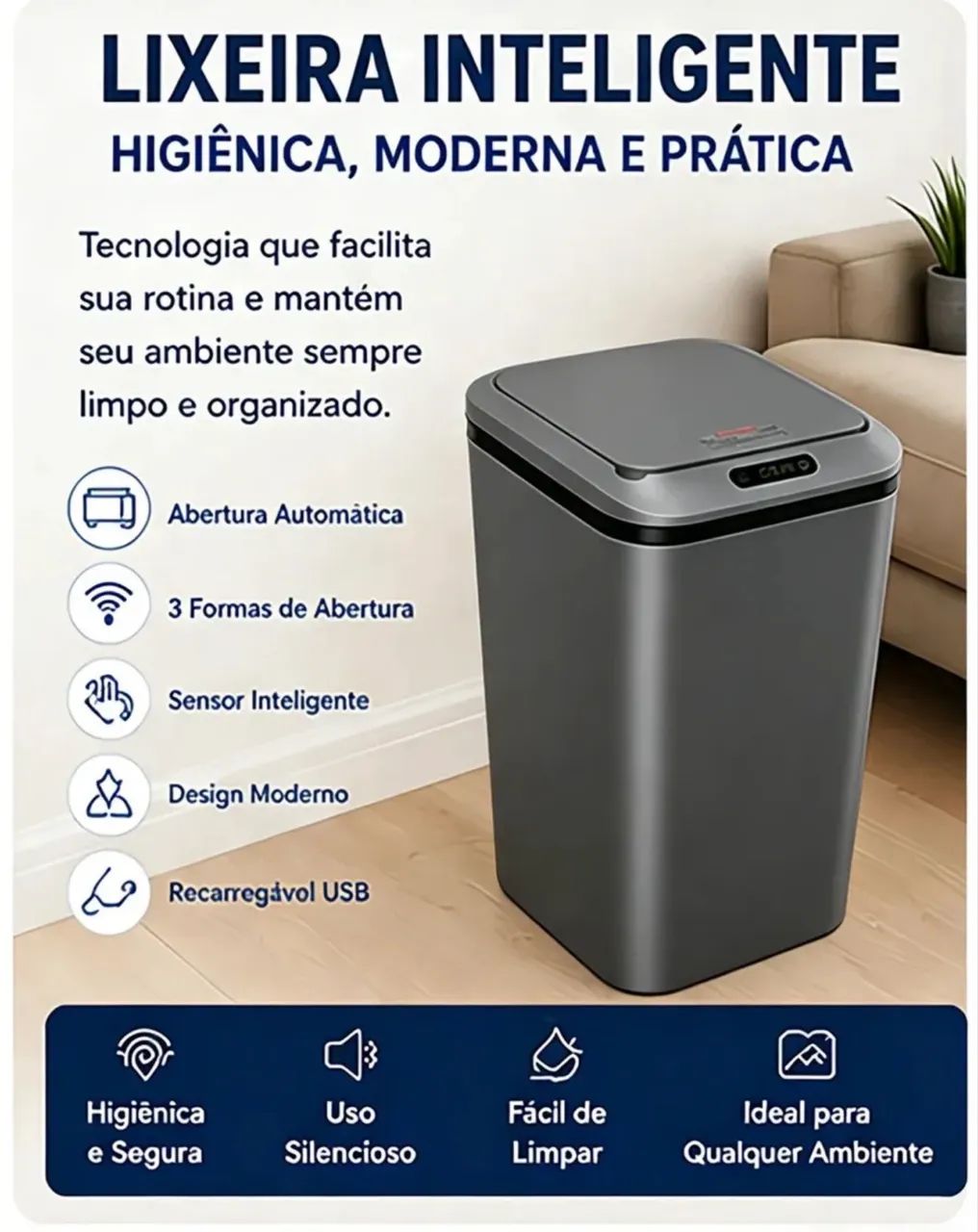 Lixeira Inteligente Sem Contato Sensor Infravermelho + USB Recarregável, Cinza Escuro 16L - Foto 4