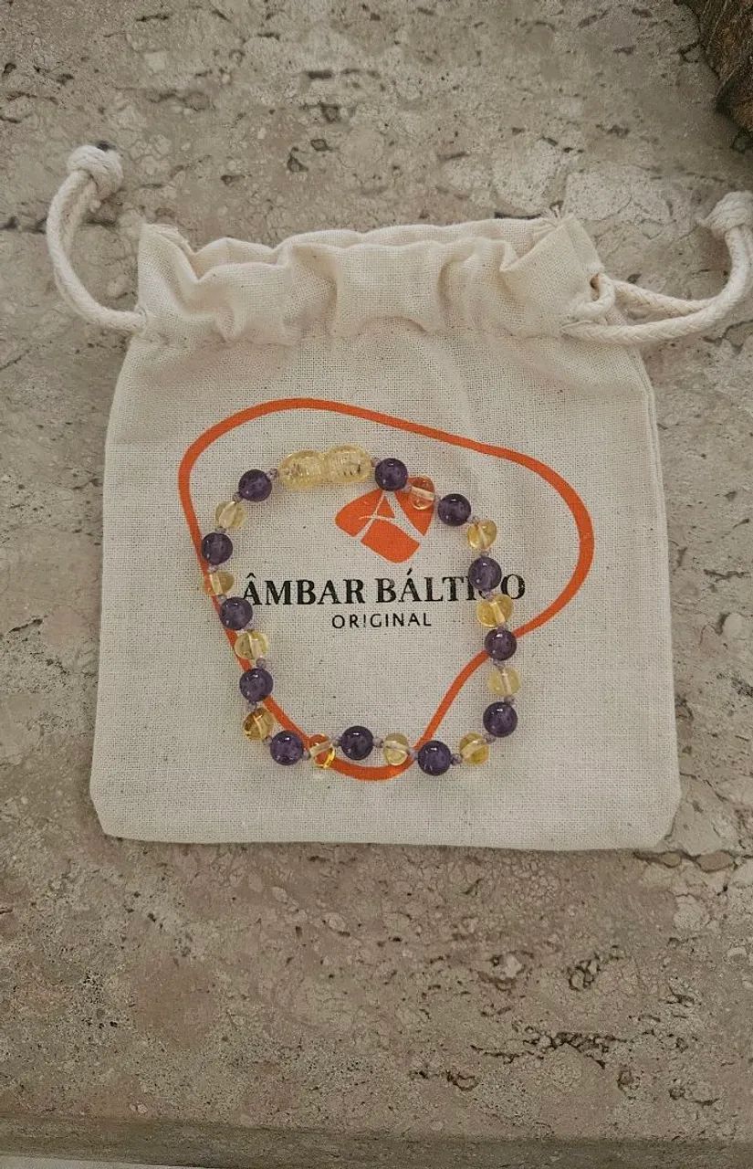 Pulseira Âmbar Báltico barroco limão e ametista com feicho  18 cm - Foto 4