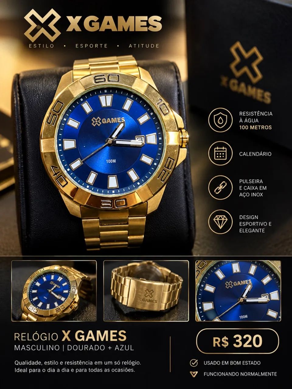 Relógio x games dourado com fundo azul 