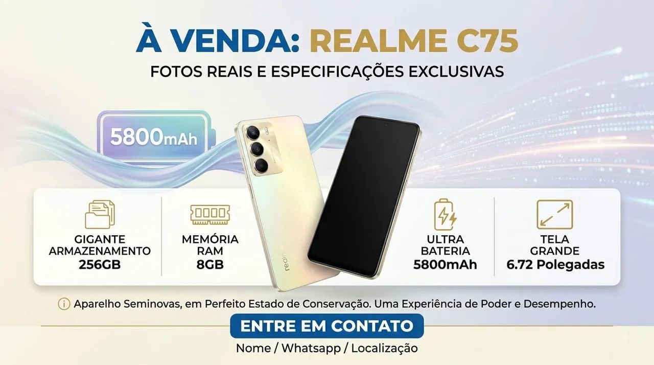 Realme C75 Amazenameto 256Gb, memória de 8Gb.