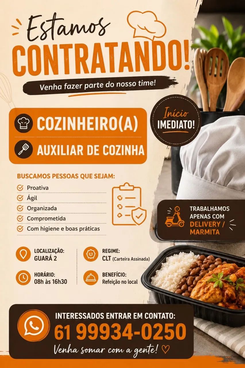 Vaga de emprego Guará II - auxiliar de cozinha e cozinheiro