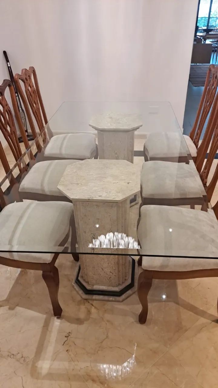 Mesa Jantar Com 8 Cadeiras Tampo De Vidro E Base Marmore - Foto 3