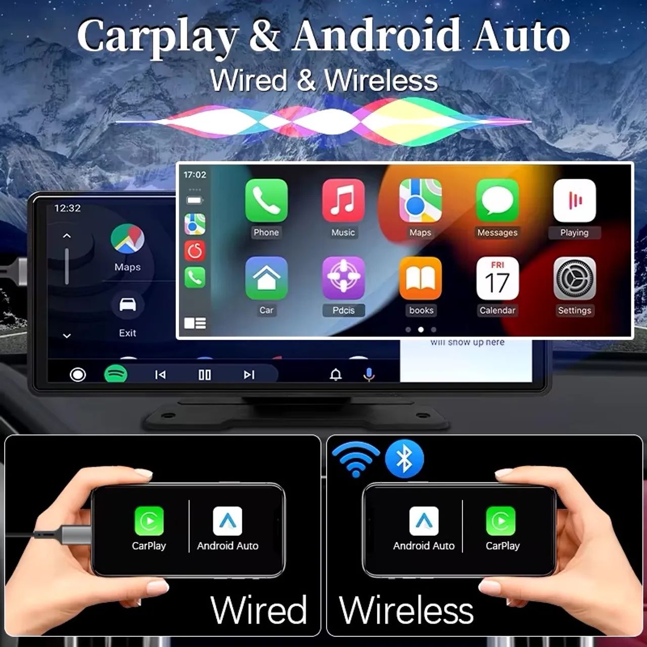 Multimídia portátil 10,26 polegadas, Android auto/carplay sem fio + câmera de ré