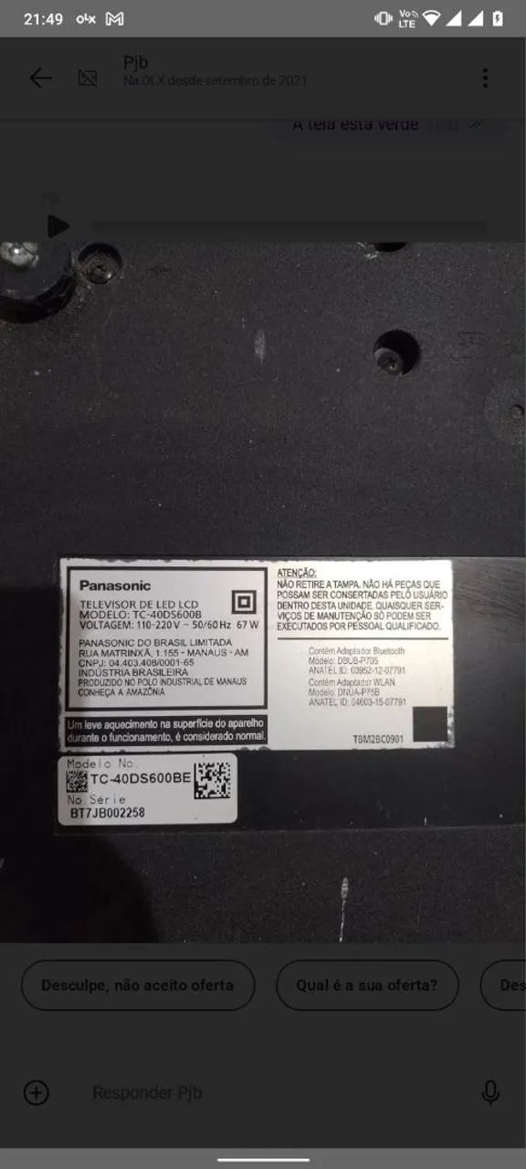 Televisão Panasonic 40 polegadas para retirada de peça, está com problema na tela. - Foto 2