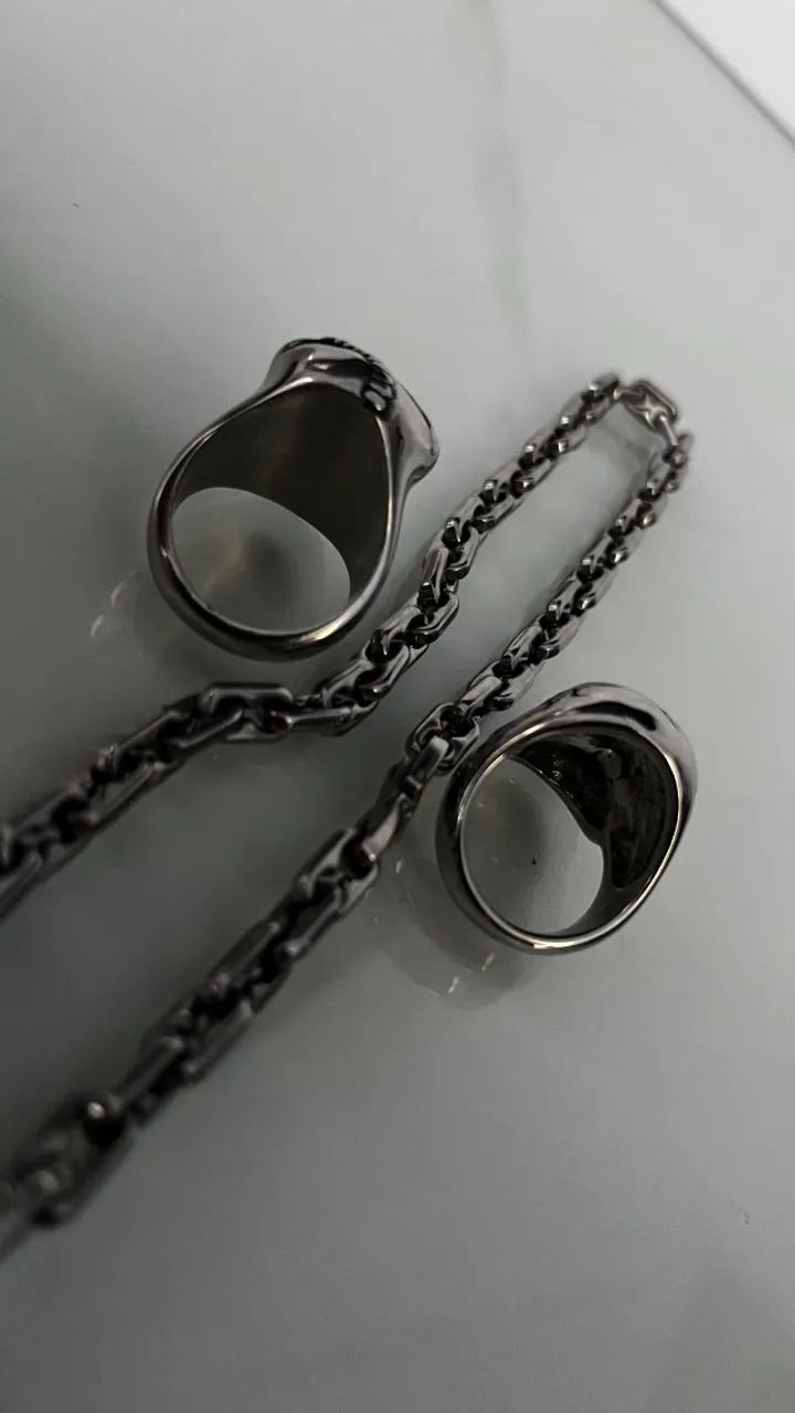 Kit Caveira de Elite: Corrente + 2 Anéis em Aço Inoxidável - Foto 2