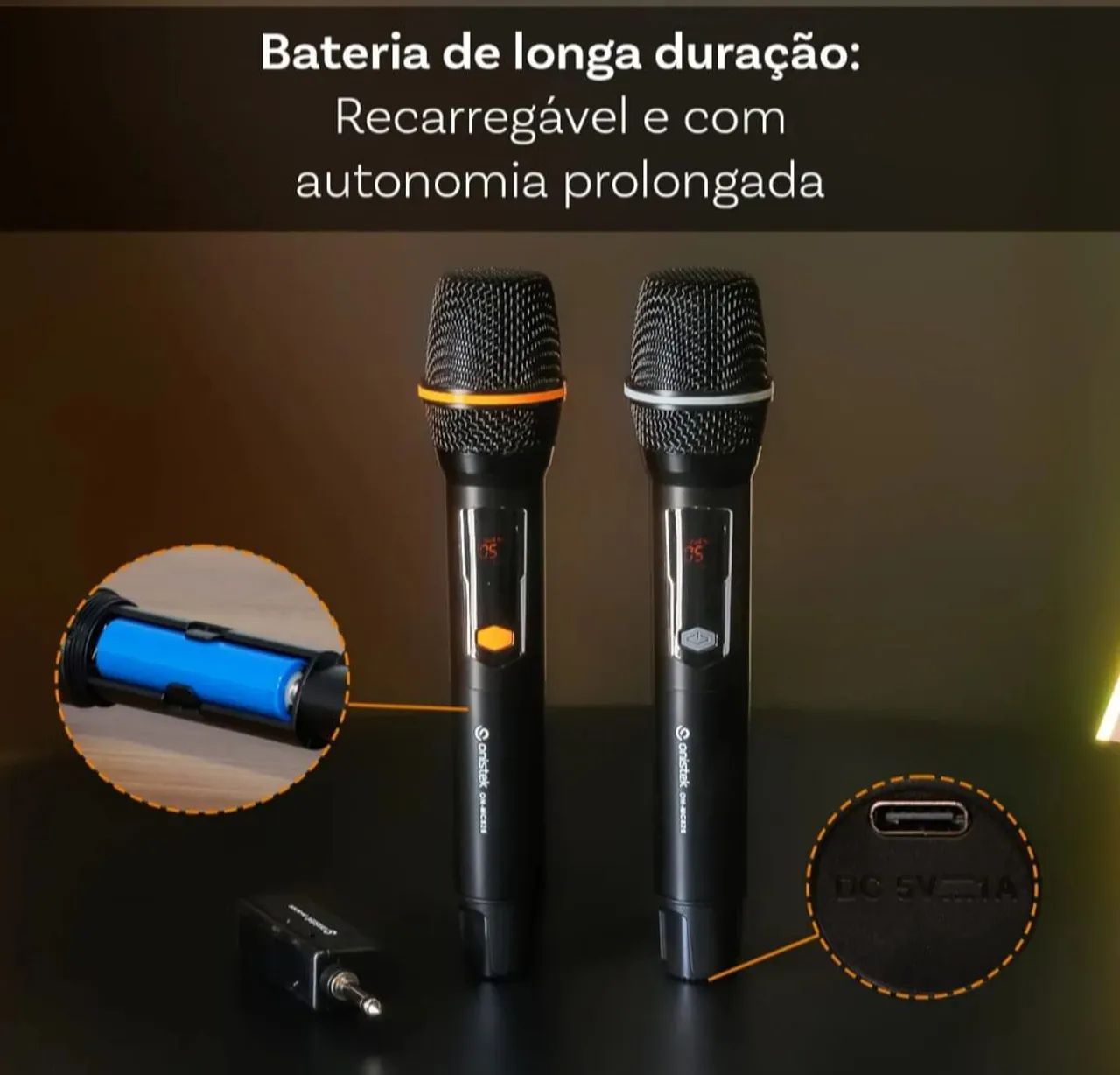 Microfone Dinâmico Uhf Sem Fio Duplo De Mão Karaokê - Foto 4