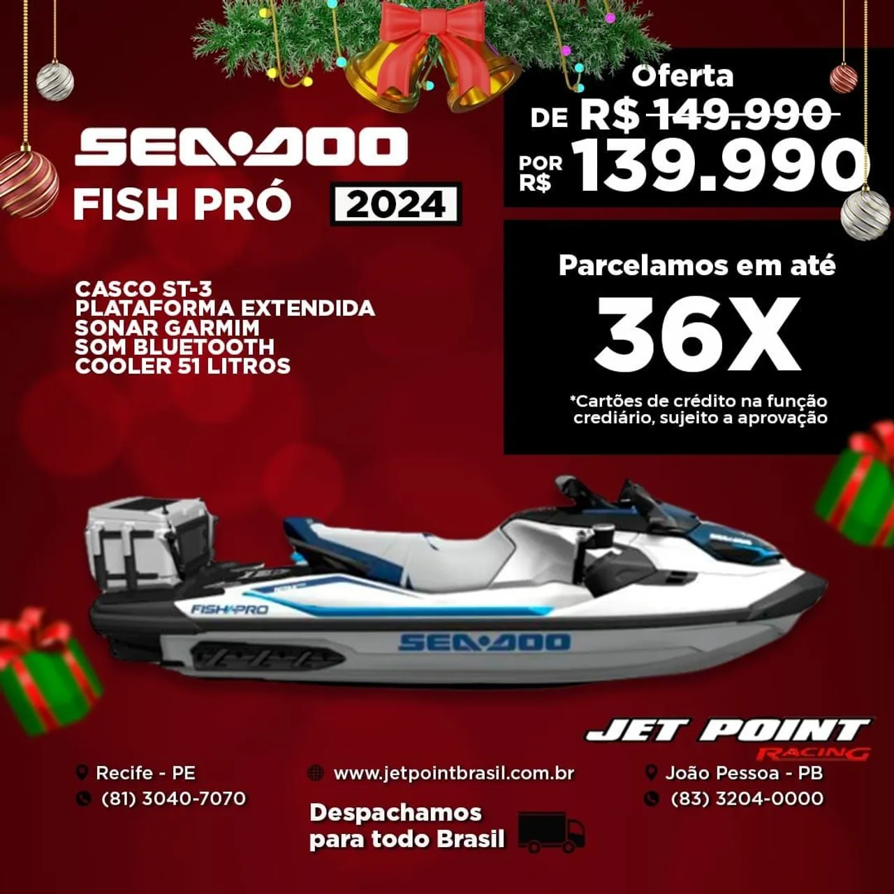 JET SKI SEA DOO FISH PRÓ 2024, Casco ST-3, Som, Cooler, Sonar, TROCO/PARCELO 36x