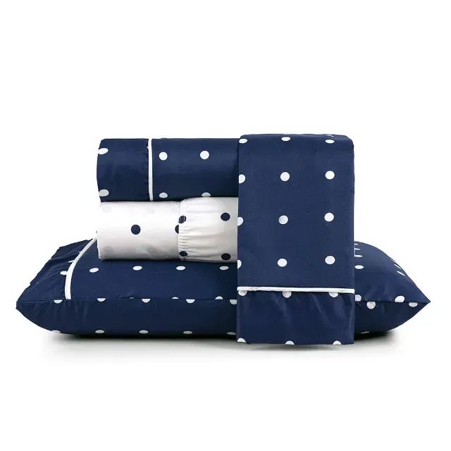 Jogo de Lençol Azul Marinho com bolinhas Solteiro