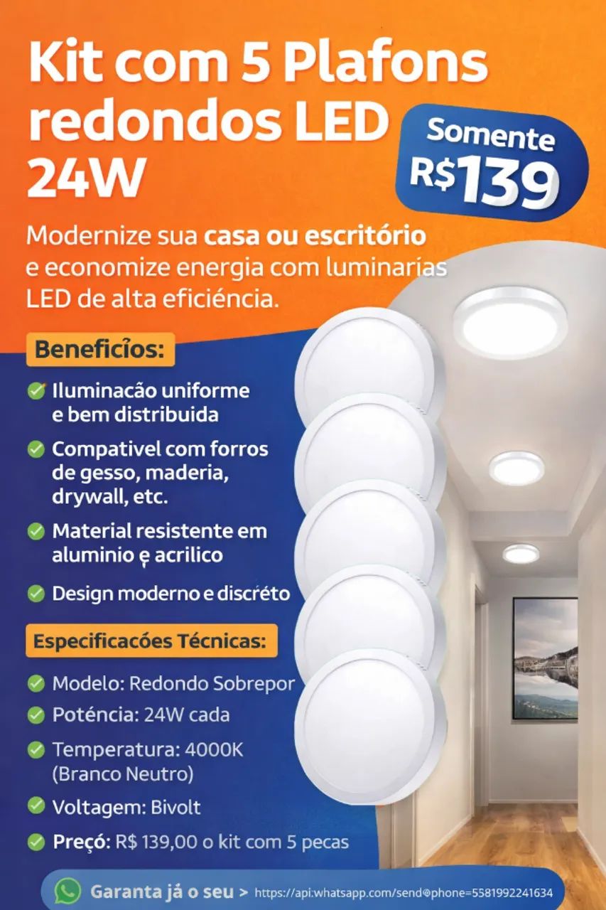 Plafons redondo LED 24W luminárias LED de Teto 24W Kit 5  - Branco Neutro-