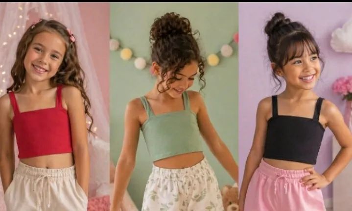KIT COM 3 TOPS CROPPEDS MENINA INFANTIL FRENTE FORRADA