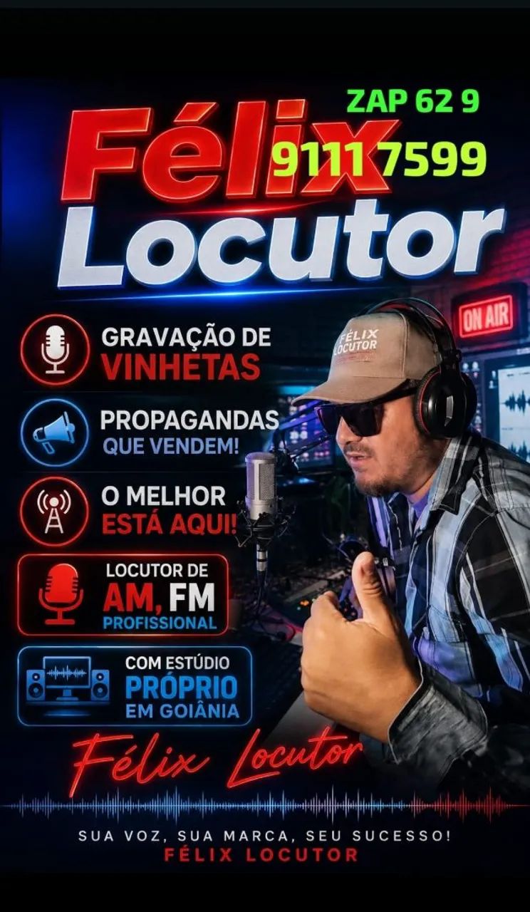 Locutor gravação de vinhetas propagandas, aberturas de shows mensagens ao vivo...