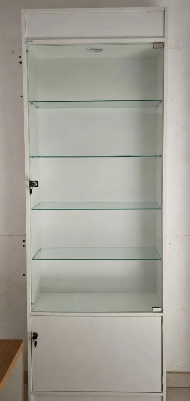 vitrine expositora porta e prateleiras de vidro