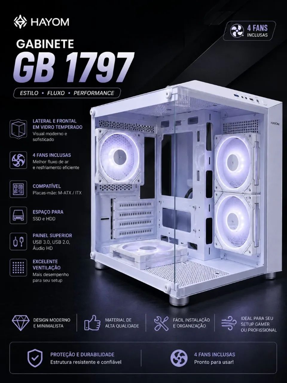 Gabinete Hayom GB 1797 Branco + 4 Fans