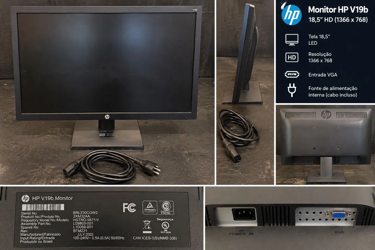 Monitor HP V19b 18,5? LED HD + Cabo de Força