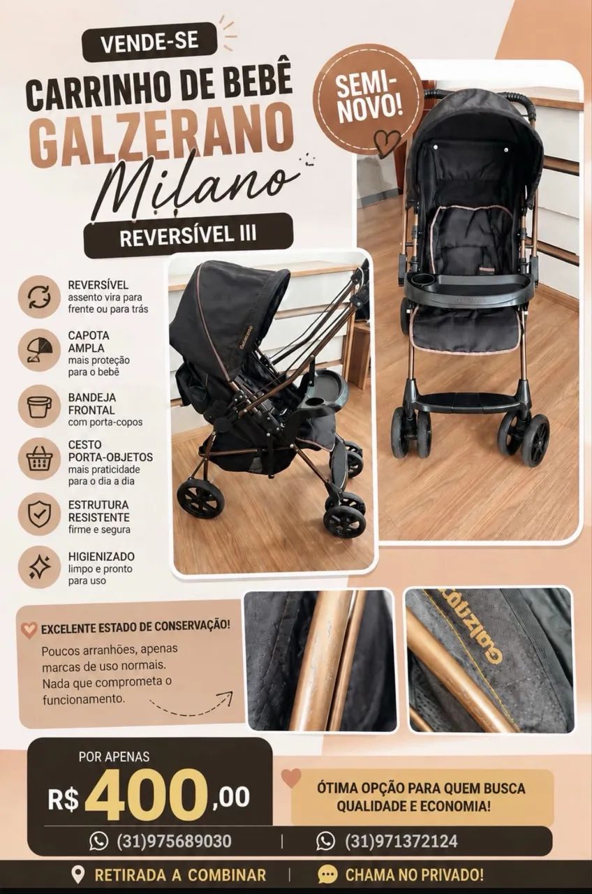 Carrinho de bebê da galzerano milano reversível .