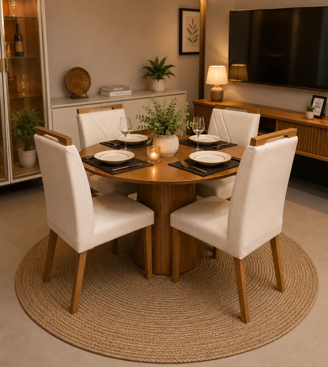 CONJUNTO MESA DE JANTAR REDONDA 120x120 - COM 4 CADEIRAS