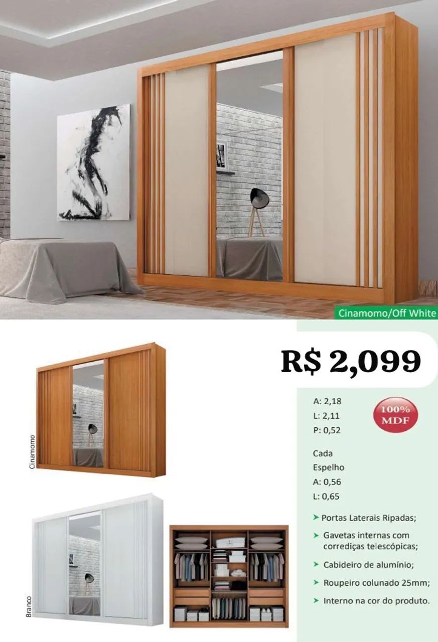 Guarda Roupa Milano MDF com espelho 