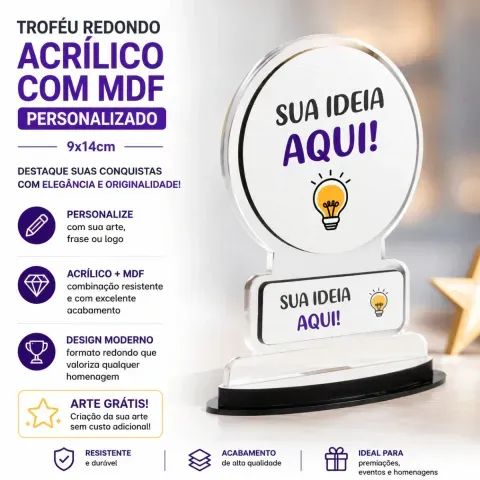 Troféu Personalizado acrilico com MDF - Redondo 9x14cm