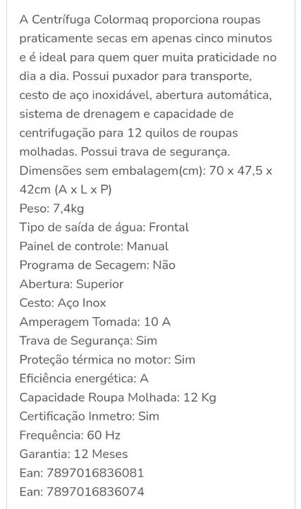 Centrifuga Colormarq 12 Kg Cesto de Aço  Branca - Foto 2