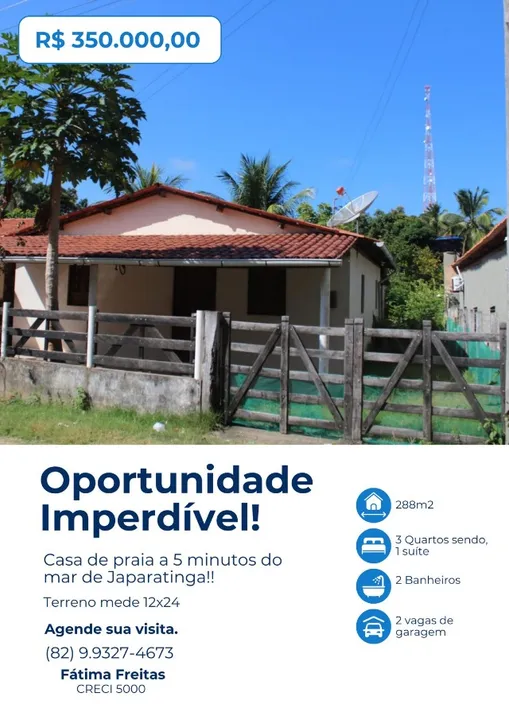 *Oportunidade a 5 minutos da praia de japaratinga, casa com 3 Quartos