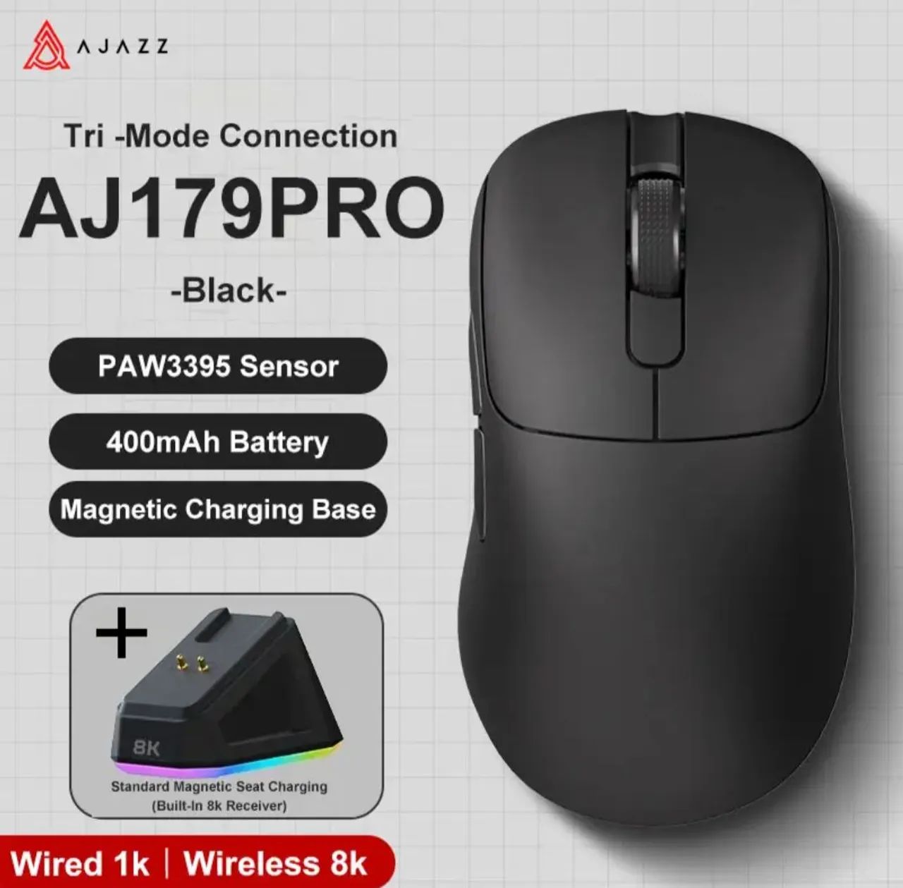 Mouse Gamer AJAZZ 179 PRO, Com Dock, Wireless 8K Sem fio Tri-Mode, Sensor 3395