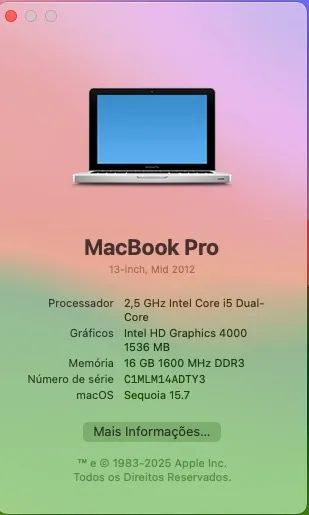 MacOs Sequoia 15.7 13-inch, Mid 2012 SSD 512 16 GB MEMÓRIA